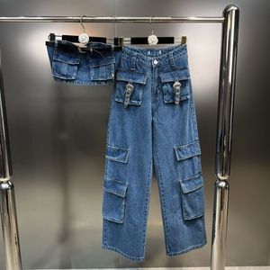 Kadınların İki Parçası Pantolon Hazırlık 2023 Kolsuz Kafamsız Kaş Işın Kırpma Üst Kemer Yüksek Bel Yüksek Bel Mavi Denim Kargo Uzun Kot Set Kadınlar GH2 230426