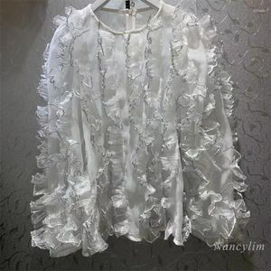 Женские блузки в корейском стиле Рубашка Ruffle Woman 2023 Spring Яркие шелковые сшивающие оборки плисы с длинным рукавом пуловер Blusas Blusas