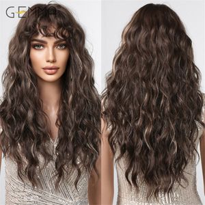 Synthetic Wigs GEMMA Sintetis Panjang Keriting Cokelat Gelap Rambut Cosplay Gelombang Dalam dengan Poni Wanita Pesta Harian Serat Tahan Panas 230425