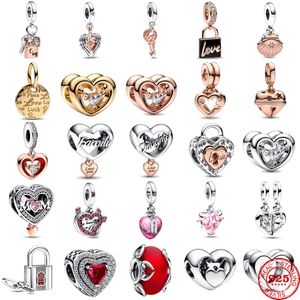 Silver Mother's Day Gift Daughter Family Love Heart Lock Charm Bead Fit Original Pandora Bracelet necklace For Women DIY designer Jewelry