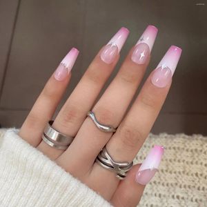 Falsas unhas 24 pcs estrelas y2k imprensa em francês falso longo bailarina artificial nail art rosa roxo gradiente dicas