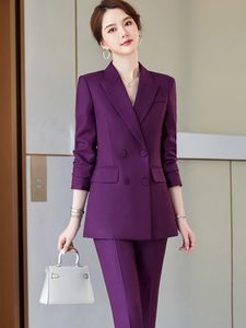 女性のスーツブレザーレディースビジネス2ピースブレザーセット女性長袖ジャケットズボン女性パンツスーツブルーパープルブラックオフィスワークウェア5xl 230426