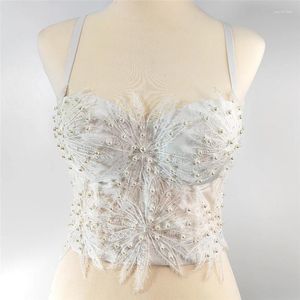 Women's Tanks Pearl Beaded Embroidered Corset Lace Flower Decoration White Camisole Bustier Bra Women Cropped Sexy Backless Top Party Tank