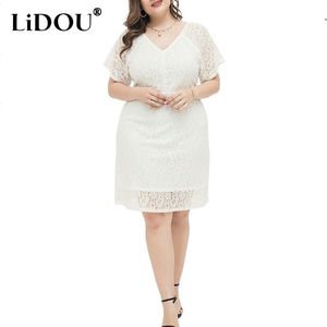 T-shirt sommarhöst spetsar sexig solid plus size klänning kvinnor kort ärm elegant mode vestidos de fiesta överdimensionerad söt mantel femme