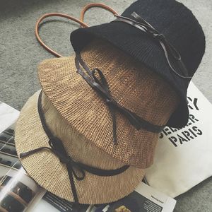 Wide Brim Hats Fashion Summer Women Hat Female Knitted Sun Bow Straw Braid Strawhat Bucket Beach SunbonnetWide Oliv22