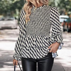 Women's Blouses 2023 Autumn Fashion Casual Collar Black And White Striped Flared Sleeves Temperament Commuting Slim Fitting Shirt