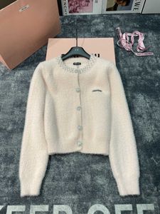 Mm Family Autumnwinter New Imitation Mink Wool Sweater Cardigan Rhinestone Button Embroidery Letter on Chest Heavy Industry Machine Diamond Female