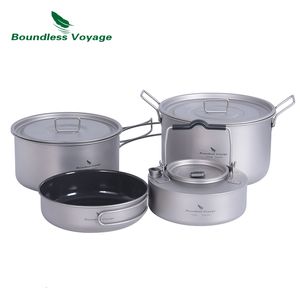 Camp Kitchen Boundless Voyage ing Cookware Mess Kit Portable Frying Pan and Pots Set with Steaming Grid for Outdoor Picnic 230425