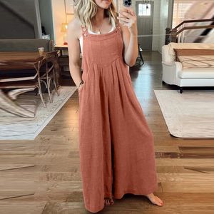 Kvinnors jumpsuits Rompers Spring Summer Loose Casual Wide-ben Byxa Jumpsuit Kvinnor Bomull och linne Romper Spring Single Solid Pocket Cotton Overalls 230426