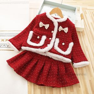 Christmas Girls red woolen clothes sets kids Bows plush round color long sleeve coat pleated skirt 2pcs lady style children thicken warm outifts Z5596