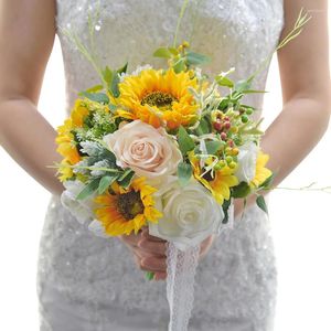Hochzeitsblumen 2023 Ankunft Brautsträuße Sonnenblumen mit Rosa und Elfenbein handgefertigt 26 28 cm