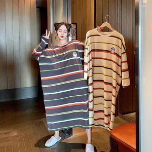 Casual Dresses Fashion Cartoon Stripe Bear Sleeps For Women 2023 Spring And Autumn Korean Cute Long Dress Large Size Loose