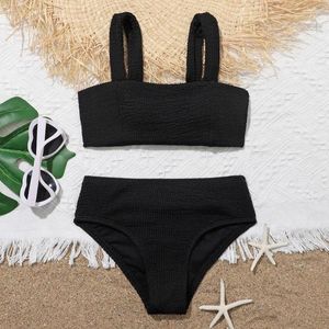 Women's Swimwear Girls Solid Black Textured Bikini Swimsuit Kids High Waist Children's 7-14 Years Bathing Suit Summer Beachwear Biquini