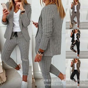 Women's Suits Blazers Women Business Suit Women Long Sleeve Cardigan Turn-down Collar Coat Lace-up Mid Waist Pencil Pants Suit Women Plaid Print Suit 230426