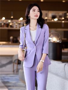 Kadın Suit Blazers Kadın Ofisi Takım Moda Blazer Pantolonu Basit Düz Renk İlkbahar Yaz Yarım Kollu Üst Pantolon 2 Parça Set Blazer 230426