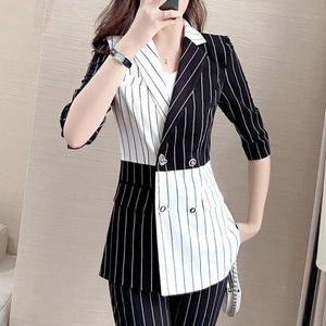 Women's Suits Blazers Fashion Professional Suit Ladies Black White Stitching Striped Suit Jacket Slim Straight Trousers Blazer Business Two-piece Sets 230426