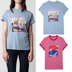 Zadig Voltaire 24SS女性デザイナーコットンTシャツファッションニューザディグトップローズレッドカーホワイトインクデジタル印刷短袖ビーチティー