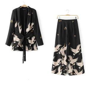 Women's Two Piece Pants Women Palazzo Vintage Clothing Sets Crane Printed Blazer Wide Leg Retro Pant Female Bird Outfit Suits 231124