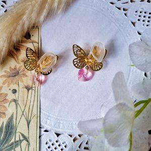 Hoop Earrings Handmade Pink Heart Pendant Butterfly Lolita Fairy Ornate