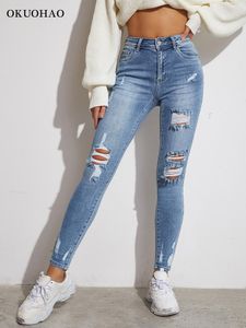 Pantaloni blu chiaro jeans skinny sexy da donna pantaloni elasticizzati con buco strappato pantaloni in denim con foro strappato vestiti da donna pantaloni attillati da ragazza Y2k streetwear