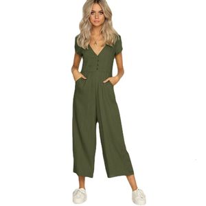 Kvinnors jumpsuits Rompers Summer Wear Short Sleeve V-Neck-knapp Jumpsuit Pants White Khaki Green Black Jumpsuit Women Romper 230426