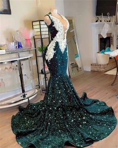 Novo design brilhante verde escuro sereia vestidos de baile pura malha contas cristal strass lantejoulas vestido de festa à noite