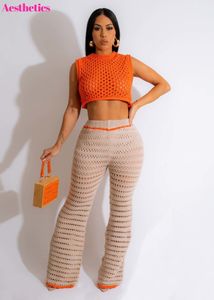 Women's Two Piece Pants Women Jogging Knitted Beach Set Hollow Out Round Neck Tank Top and Wide Leg Pants 2 Piece Sets Womens Outfits Summer Streetwear 230425