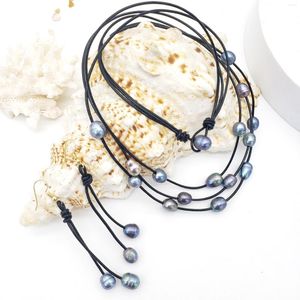 Necklace Earrings Set Natural Freshwater Tahitian Pearl Multi-Strand On Black Leather Cords Bohemian Jewelry For Men Or Women