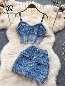 Frauen Zweiteilige Hosen Babyoung Frauen Sommer Sexy Denim Set Trägerlosen Sling Zipper Design Tops Kurze Taste Mini Rock Jeans anzüge 231124
