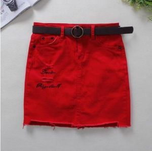 Vestidos femininos bordados denim saia lápis magro vermelho rasgado acima do joelho mini saia curta saias jeans elásticos sem cinto j2889