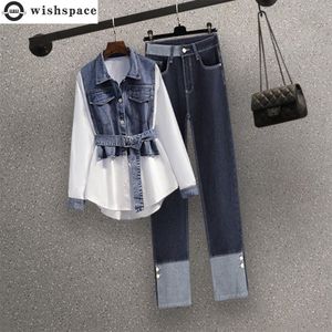 Women's Two Piece Pants Korean Street Style Elegant Set Fashion Denim Shirt Blue Jeans Twopiece Famele Tracksuit Sportswear 230426