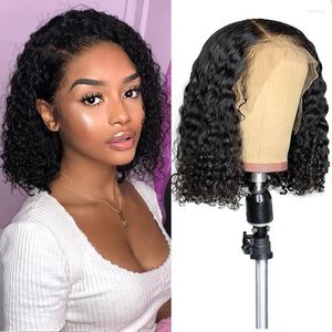 Lace Closure Cut Perücken Vordere Perücke Kurzer lockiger Bob 13 x 4 Echthaar vorgezupft brasilianische gebleichte Knoten