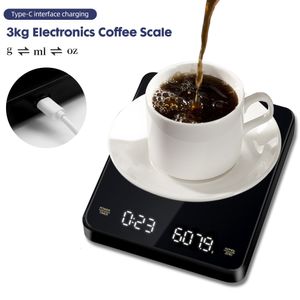 Hushållsskalor 3 kg 0,1 g elektronisk kaffeskala med timer handbryggning kaffe dold LED -skärm laddningsskala hushåll kök tillbehör 230426
