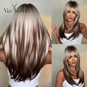 Syntetiska peruker alan blond skiktade för kvinnor långa raka bruna höjdpunkter med lugg balayage hårvärmebeständig 230425