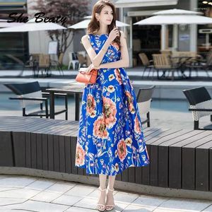 Vestidos casuais azul floral impresso mulheres tanque vestido sem mangas coreano moda chique roupas festa robe femme outono inverno 2023 vestidos