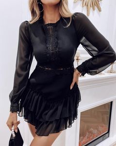 Casual Dresses Women's Puff Lantern Sleeve Lace Patch Layered Dress Long Sleevesleeve Sheer Mesh Sexy