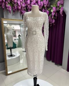 Elegant Ivory Mother Of The Bride Dresses Long Sleeve Beaded Tea Length Prom Gown Evening Vestidos Formal Dress