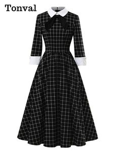 ドレストンバルノットネック黒と白の格子縞の女性用ビンテージコットンミディドレスエレガントパーティー3/4の長さのスリーブスプリングドレス