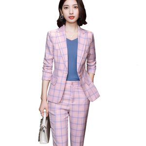 Women's Suits Blazers Pink Gray Blue Apricot Plaid Women Blazer And Pant Suit Trouser Ladies Female Formal Office Work Business 2 Piece Set 230426