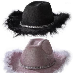 Береты, блестящая красочная ковбойская шляпа для одной вечеринки, карнавальная женская кепка со стразами и перьями, блестящая кисточка в стиле вестерн