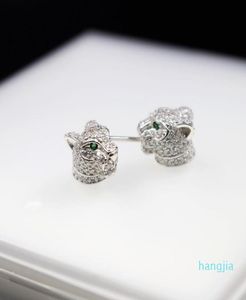 Leopard Head Green Eyes Stud Earring 925 Sterling Silver Full Zircon Beads Panther Women Animal Bridal Jewelry9785464