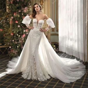 Gorgeous Lace Appliques Mermaid Wedding Dresses With Detachable Train Long Sleeve Backless Sweetheart Neck Sexy Bohemian Bridal Gowns Beach Summer Robe De Mariee