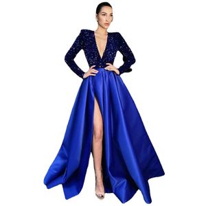 Fdhaolu azul bling lantejas longas vestidos de noite formal v vestido de fenda lateral alta de pescoço