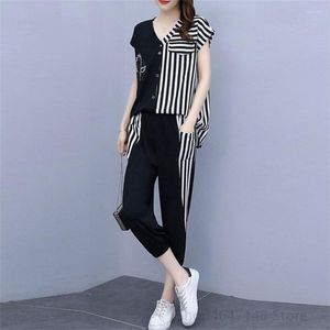 Women's Two Piece Pants Tracksuits For Women Outfits 2 Set 2023 Summer V Neck Top And Pant Suits Striped Sportswear Co-ord Clothing