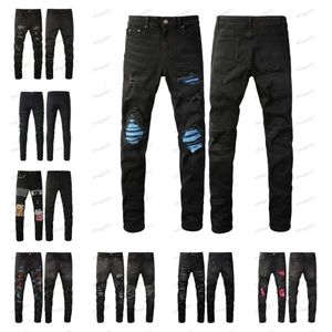 Projektant Amirs Męskie dżinsy High Street Purple Jeans for Mens Haftery Pants Womensize Raped Patch Hole Denim prosto 9566