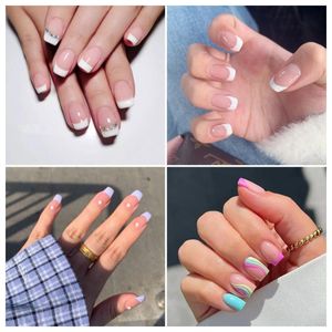 Unghie finte 24 pezzi nudo rosa francese bianco lato corto semplice nail art bellezza stampa su punte artificiali finte a copertura totale 230425