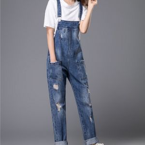 Women's Jumpsuits Rompers Plus Size Women Wide Leg Loose Ripped Denim Overalls Europe Jumpsuit Boyfriend Hole Pockets Jeans Romper Blue S M Xl 3Xl 5Xl 6Xl 230426