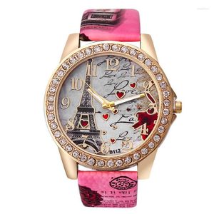 Relógios de pulso Mulheres Rose Gold Gold Crystal Watches Fashion Paris Eiffel Tower Leather Band Quartz Girls Ladies Free Shiping