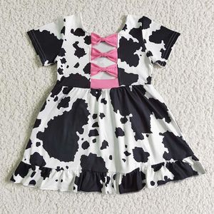 Sukienki dla dziewczynki krowa nadruk dla dzieci sukienka z krótkim rękawem różowy łuk butik butik ubrania dziecięce hurtowe ubrania dzieci