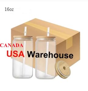Местный склад в США/Канаде, 16 унций, сублимационные стеклянные пивные кружки, пустые бутылки для воды, стаканы со льдом, банки для питья с бамбуковыми крышками и многоразовой соломинкой 0424